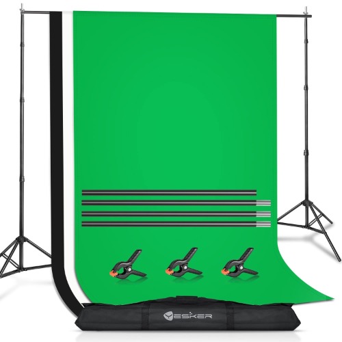 Yesker Backdrop Stand with Backdrop Kit 3 Muslin White Black Green Screen Backdrops 8.5x10 ft Background Stand Support System for Portrait,Product Photography and Video Shooting - Green/Black/White