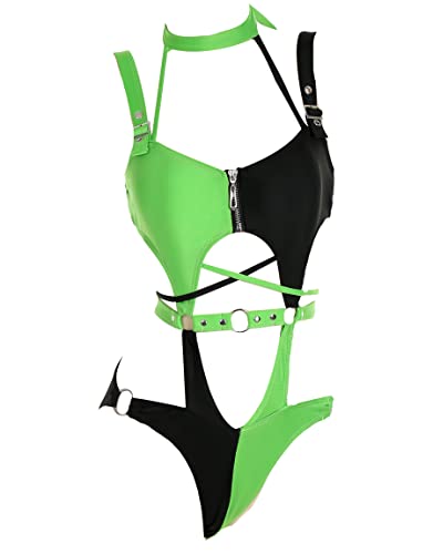 MEOWCOS Women's One Piece Swimwear Sexy Gothic Swimsuit Green and Black Spliced Cutout Bathing Suit - Small - Black and Green