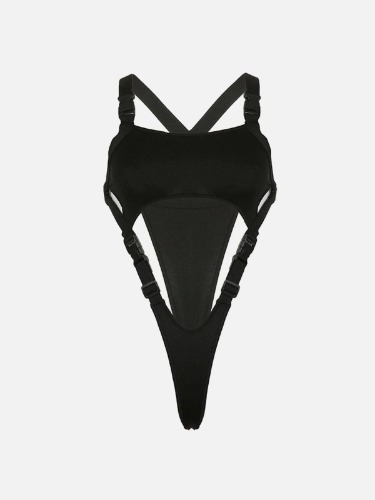 NEV Irregular Cutout Button Sexy Bodysuit | Black / M