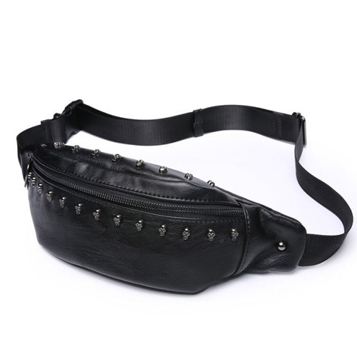 Black Skeletal Faux Leather Waist Pack - Gothic Torso Satchel, Mobile Holder