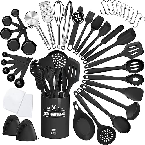 43 Pcs AIKKIL Kitchen Utensils Set, Heat Resistant Silicone Cooking Kitchen Utensils Set with Holder, Spoon, Spatula, Kitchen Gadgets Tools Set For Nonstick Cookware, Dishwasher(BPA Free, Black) - Black