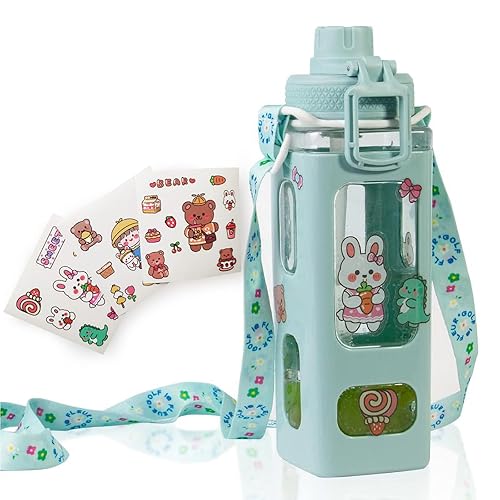 Kawaii Water Bottle for Kids Cute Water Bottles with Straw Portable Square Drinking Bottle, Leakproof Water Jug for Girls, 30 oz (Green-900ml) - Green-900ml