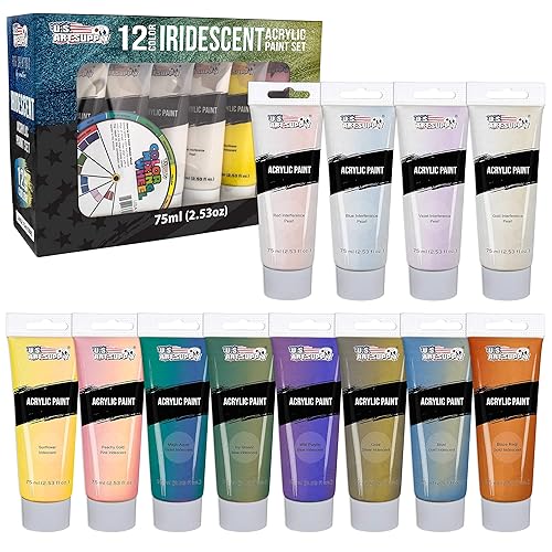 U.S. Art Supply Professional 12 Color Set of Iridescent Acrylic Paint, Large 75ml Tubes - Luminescent Special Effect Chameleon Color-Shifting Pearl Colors - Artists, Canvas Painting, Paper, Wood, Rock