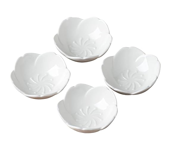 Jusalpha Pink Cherry Blossom Ceramic Sauce Dish, Seasoning Dish, Sushi Soy Dipping Bow, Dessert Bowl, Appetizer Plates, Serving Dish for Kitchen Home(Set of 4) (Set of 4, White) - Set of 4 - White