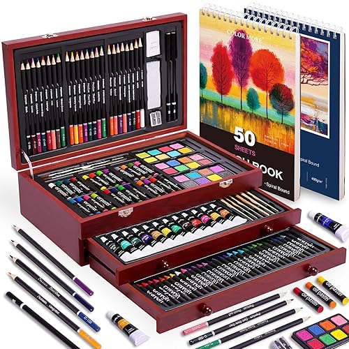 175 Piece Deluxe Art Set with 2 Drawing Pads, Acrylic Paints, Crayons, Colored Pencils, Paint Set in Wooden Case, Professional Art Kit, Art Supplies for Adults, Teens and Artist, WoodMuse Plus - Cherry