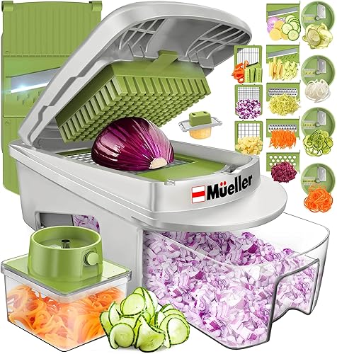 Mueller Pro-Series All-in-One, 12 Blade Mandoline Slicer for Kitchen, Food Chopper, Cucumber Slicer and Spiralizer, Cutter, Dicer, Grater, Gifts for Mom, Kitchen Essentials, White Sand/Green - 12 Blade - White Sand/Green