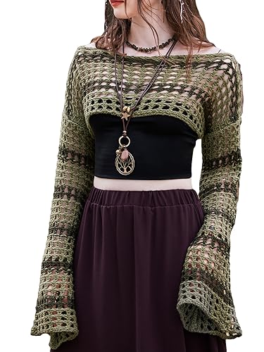 SHENHE Women's Hollow Out Knitted Pullover Sweater Crochet Cropped Sweater Top Long Sleeve Casual Cover Up Top - Large - Army Green
