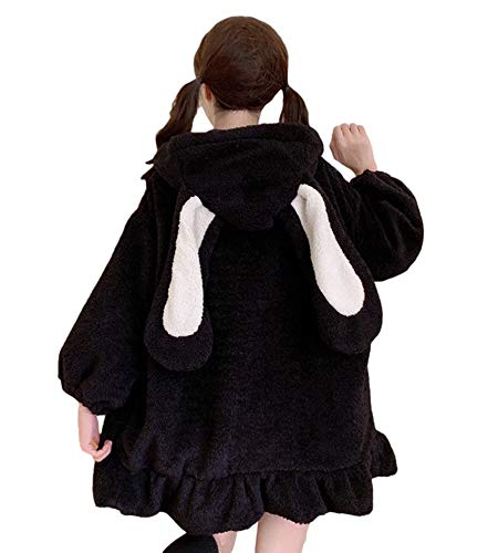 BZB Kawaii Anime Bunny Ear Hoodies For Women Sweet Lovely Fuzzy Fluffy Rabbit Sweater Tops Cosplay Jacket Coats - 3X-Large - Black