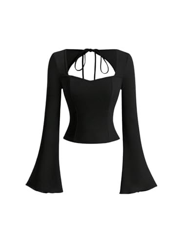 SOLY HUX Women's Flare Long Sleeve Tees Lace Up Back Top Sweetheart Neck Cut Out T Shirt - Medium - Solid Black