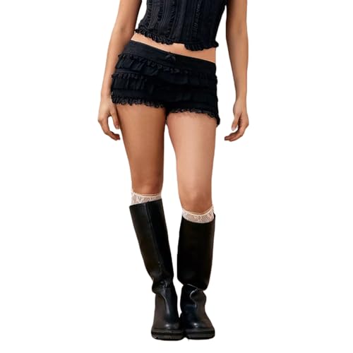 Women Y2k Bloomers Cute Ruffle Lace Trim Layered Shorts High Waist Tiered Bottoms Kawaii Pettipants Pumpkin Pants - D Black - Medium