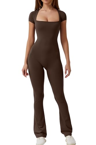 QINSEN Flare Jumpsuits for Women Short Sleeve Square Neck Bodycon Full Length Playsuit - Large - Coffee Brwon