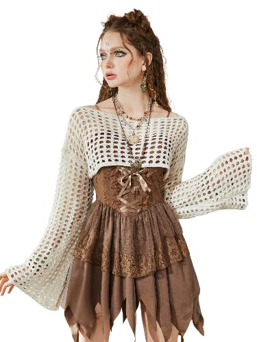 SHENHE Women's Hollow Out Knitted Pullover Sweater Crochet Cropped Sweater Top Long Sleeve Casual Cover Up Top - Large - Apricot