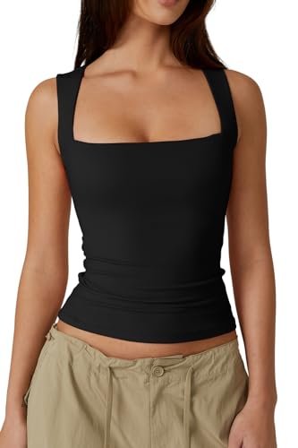 QINSEN Women's Square Neck Sleeveless Double-Layer Tank Tops Basic Tight T Shirts - Medium - Black