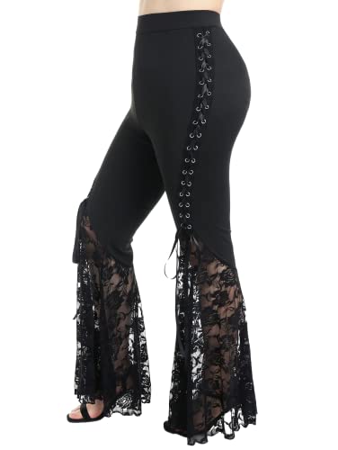 ROSE GAL Womens Plus Size Lace Panel Pull On Flare Pants with Lace-up - Black_4 - 1X