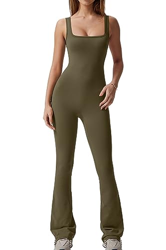 QINSEN Wide Leg Jumpsuits for Women Tank Square Neck Bodycon Full Length Casual Unitard Playsuit - Large - Army Green