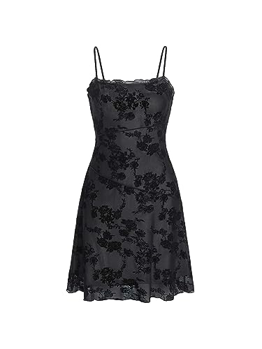 Verdusa Women's Lettuce Trim Floral Print Mesh Sleeveless A Line Short Cami Dress - Large - Black