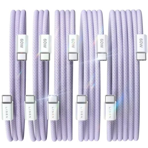 LISEN USB C Cable, USB C to USB C Cable 5-Pack [3.3+3.3+6.6+6.6+10FT] for iPhone 15, 60W Type C Charger Cable Fast Charging for iPhone 15 Pro Max Plus Samsung S23/22, MacBook Air Pro 2020/iPad Pro