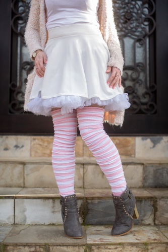 M Stripes Thigh High Socks | Pink/White