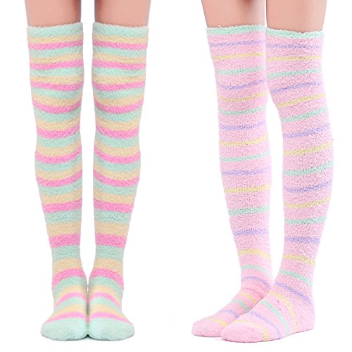 Cute Coral Fleece Knee High Long Striped Socks 2 Pairs - 2 Pairs Ice-cream Multicolored Large