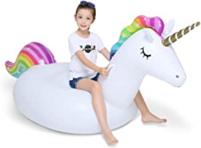 Jasonwell Big Inflatable Unicorn Pool Float Floatie Ride On with Fast Valves Large Rideable Blow Up Summer Beach Swimming Pool Party Lounge Raft Decorations Toys Kids Adults