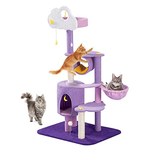 59 Inch Cat Tree Tower, Pink Plush Cat Condo, Cute Cat Tower, Indoor Cat Furniture Activity Center, bring Hammock,Perch Platform,Tunnel,Jump Board,scratching Sisal wood,Balls Toy