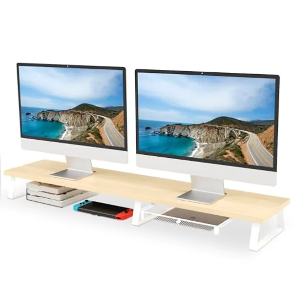 Aothia Dual Monitor Stand Riser - Monitor Stand with Drawer,Monitor Stand For 2 Monitors, Desk Shelf For Monitor with Metal Legs, Wood Monitor Stand with Storage Organize For Pc,Laptop,Screen (Oak)