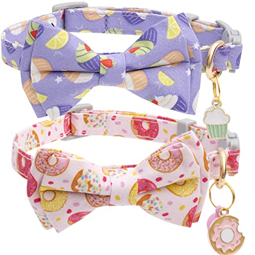 Faygarsle 2 Pack Cute Cat Collar with Bell Breakaway Bowtie Cat Collar for Male Female Cat Soft Fancy Pink Purple Cat Collar with Ice Cream Doughnuts Pattern Summer Cat Collar for Boy Girl Cats - Ice Cream&Doughnuts