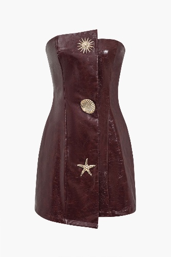 Faux Leather Strapless Mini Dress With Shell Embellishments | BURGUNDY / M