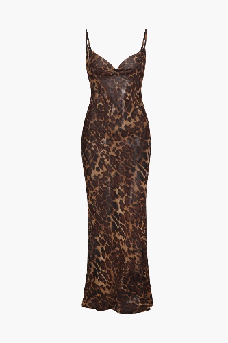 Leopard Print Draped Maxi Dress | BROWN / M