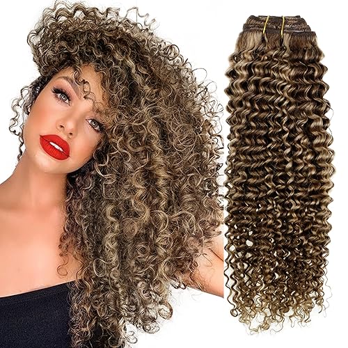 Hetto Kinky Curly Clip in Hair Extensions Real Human Hair Clip in Curly Hair Extensions #4/27 Brown Highlight Blonde Kinky Curly Hair Extensions 16 In 7pcs 120g - 16 Inch 120g - Curly Clip #4/27-KC