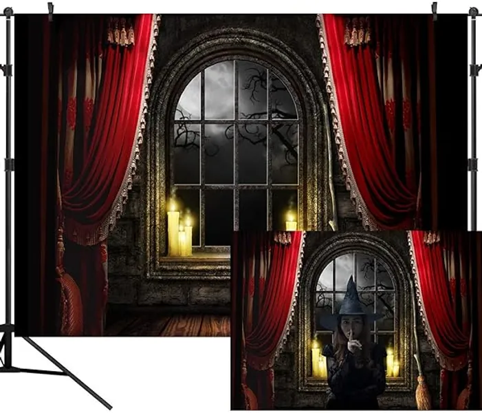 DULUDA 7X5FT Halloween Themed Photography Backdrop Curtain Floor Balcony Moon Magical Broom Background Photo Studio Booth Photographer Props HW42