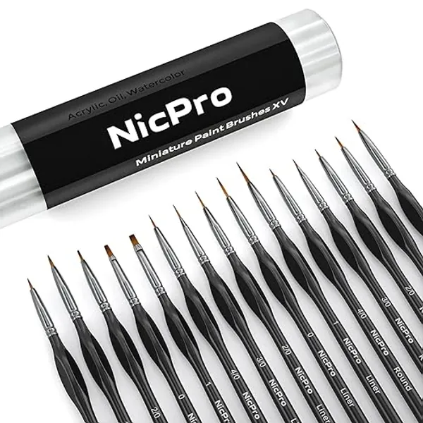 Nicpro Micro Detail Paint Brush Set - 15 PCS Small Miniature Paint Brushes, Fine Model Painting Brushes for Acrylic Watercolor Oil & Paint by Number, Citadel Paint, 40k, Figurine, Craft - with Holder - Black - 15