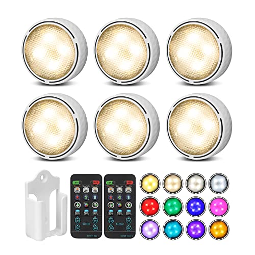 LED Puck Lights Battery Operated Under Cabinet Lighting, Closet Lights with Remote, Color Changing Under Counter Lighting, Stick On Lights for Kitchen, Bookcase, Cupboard, 6 Pack - White - 6 Pack - White