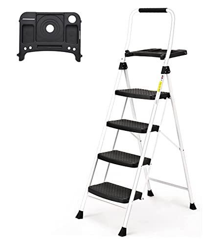 HBTower 4 Step Ladder with Handrails and Tool Platform, Folding Step Stool for Adults, Sturdy& Portable Steel Ladder with 330LBS Capacity Ladder for Home Kitchen Library Office