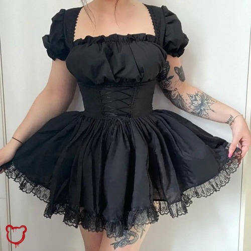 Black Lace Puff Dress - Black / L