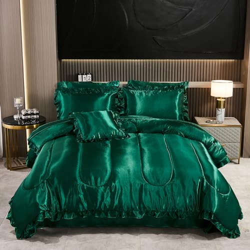 Bedding_Dreamer Queen Size Satin Bed in a Bag Blackish Green Bedding Set Silk Like Silky Comforter Set Sexy Sheet Set Luxury Hotel Room Decor Womens Girly Bed Sets Ruffled Gothic Down Comforter 8 Pcs - Queen - Blackish Green
