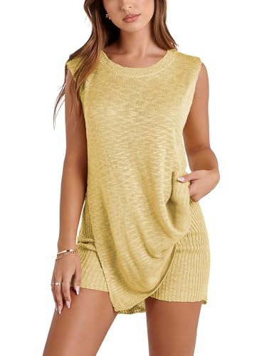 QIBABU Womens Knit Pajamas Sets 2 Piece Outfits Casual Sleeveless Sweater Tank Top Shorts Loungewear Lounge Sets - Large - Yellow