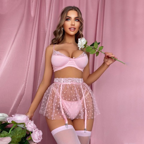Lace Bra and Panty Set - Pink / L