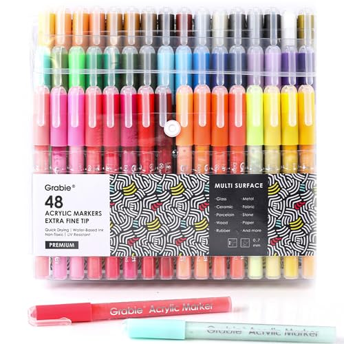 Grabie Acrylic Paint Pens, Acrylic Paint Markers, 48 Colors, 0.7 mm, Extra Fine Tip Paint Markers, Premium Paint Pens for Painting on Various Surface, Acrylic Paint Set, Art Supplies for Acrylic Paint - 48 Colors Extra Fine Tip Acrylic Markers