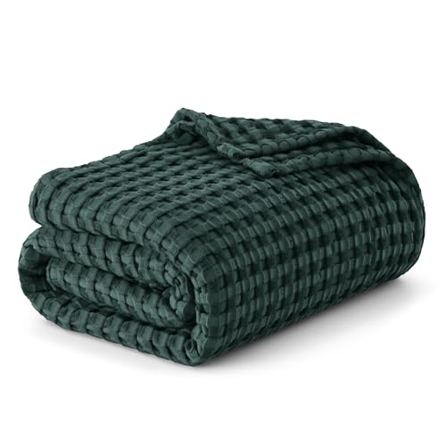 Bedsure Cooling Cotton Waffle Queen Size Blanket - Lightweight Breathable Blanket of Rayon Derived from Bamboo for Hot Sleepers, Luxury Throws for Bed, Couch and Sofa, Dark Green, 90x90 Inches - Dark Green - Queen (90" x 90")