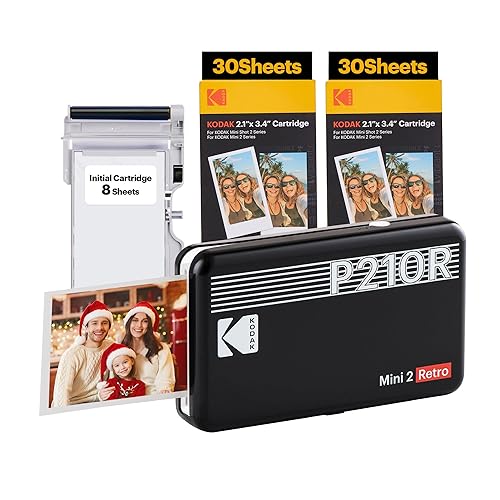 KODAK Mini 2 Retro 4PASS Portable Photo Printer (2.1x3.4 inches) Initial 8 Sheets + 60 Sheets Bundle, Black - 2x3 Printer + 68 Sheets - Black