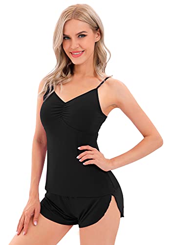 WiWi Bamboo Pajamas for Women Soft Sleeveless Tank Top with Shorts Pajama Sets Scoop Neck Lace Hem Sleepwear S-4X - Small - C-black