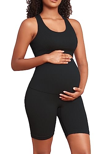 Women's Maternity 2 Piece Outfit Set - Bra & Shorts for Pregnancy - Yoga workout Lounge Wear Sets - Small - Black1
