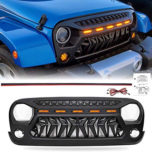 Haitzu Shark Grill Fit for Jeep Wrangler 2007-2018 JK Accessories, Matte Black Grille with 5 Amber Lights Including JKU Unlimited Rubicon Sahara Sport