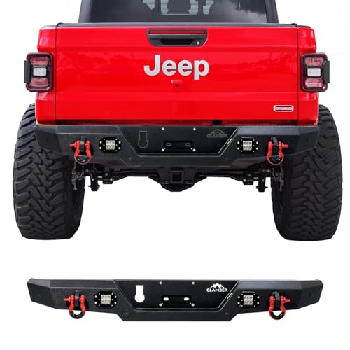 CLAMBER Off-Road Rear Bumper for Jeep Gladiator JT 2020 2021 2022 2023 2024 Textured Black Back Bumper Guard Heavy Duty Carbon Steel with 2PCS LED Flood Lights & Compatible Trailer Plug