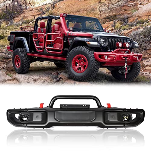 HOUGEET Front Bumper Fit for 2018 2019 2020 2021 2022 2023 Jeep Wrangler Gladiator JT, Heavy Steel Bumper W/Winch Plate (W/O Fog Lights) - W/O LED Fog Lights
