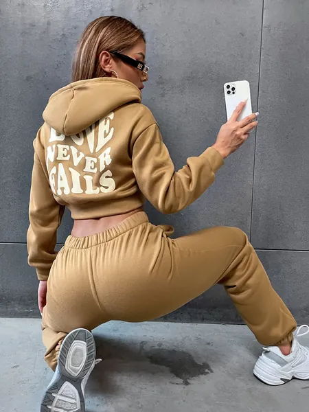 Love Never Fails Drawstring Crop Hoodie & Sweatpants