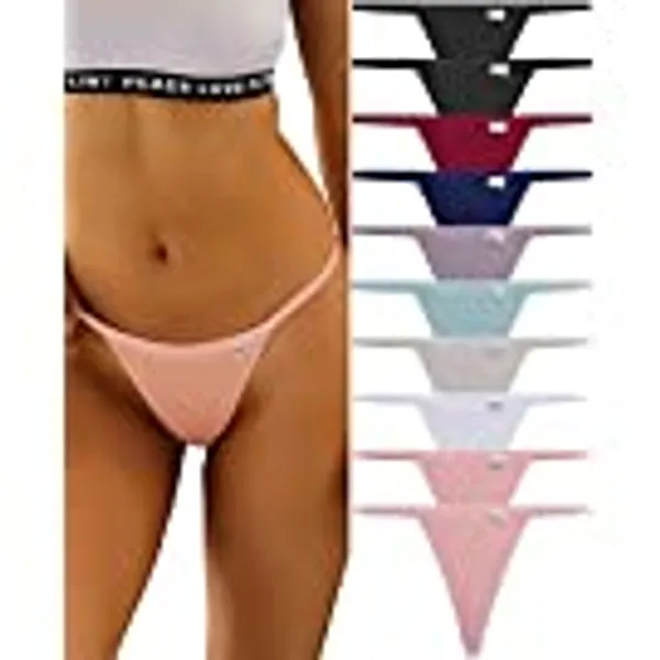 FINETOO 10 Pack G-String Thongs for Women Cotton Panties Stretch T-back Tangas Low Rise Hipster Underwear Sexy S-XL