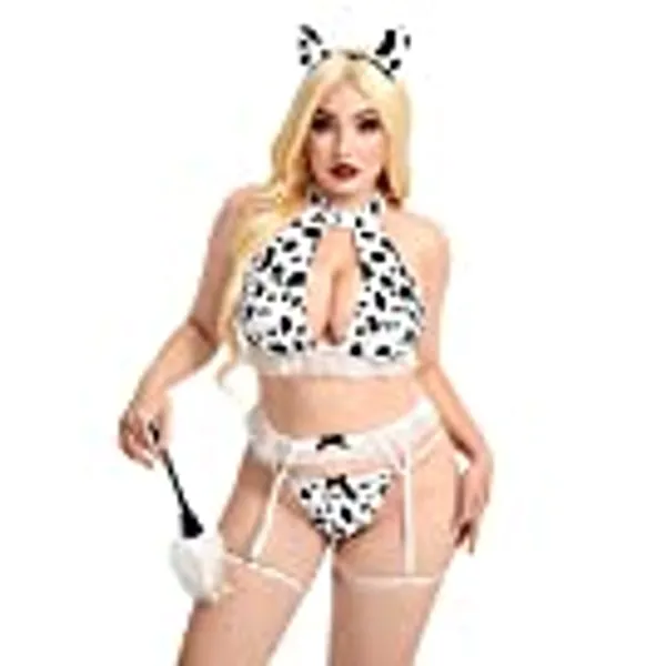 OYOANGLE Women's Plus Size 6 Piece Cow Print Cut Out Garter Costume Cosplay Lingerie Set