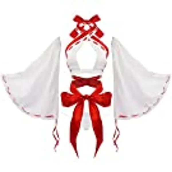 paloli Women Japanese Anime Miko Cosplay Outfit, Red And White Kimono Bra And Panty Set Witch Cosplay Costume